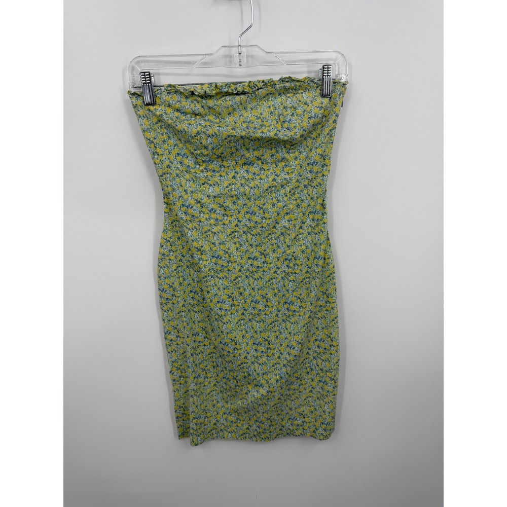 vintage Express Strapless Floral‎ Mini Dress sz 1/2 Yellow Blue Smocked Bodycon